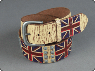 C-RED Off White Distressed Leather Union Jack Belt with pyramid studs