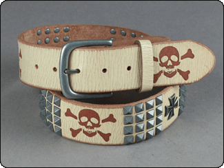C-Red Brand Off White Leather Belt with Lazer Etched Skulls and Studs