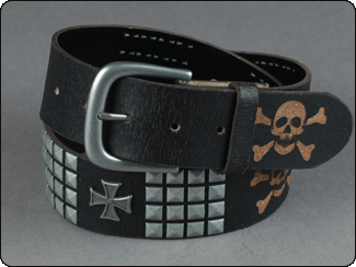 C-Red Brand Black Leather Belt with Lazer Etched Skulls and Studs