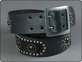 C-RED Black Leather Belt with Onyx Stones, Studs and Black Suede Leather Inlays