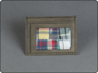C-Red Olive Nubuck Leather Credit Card Wallet with Patchwork Madras in Money Well