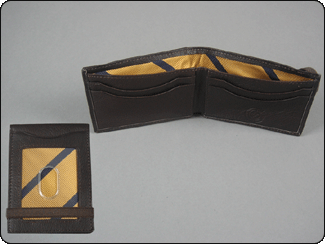 C-RED Brown Leather Front Pocket Wallet with Elastic-Yellow & Navy Striped Tie Fabric in Money Well