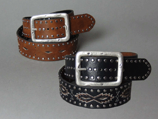 C-RED Reversible Black Leather Belt with Perforations, Studs and Embroidery Reversing to Brown Leather