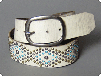 C-RED White Leather Belt with Diamond Pattern of Multi Finish Studs and Turquoise Crystals