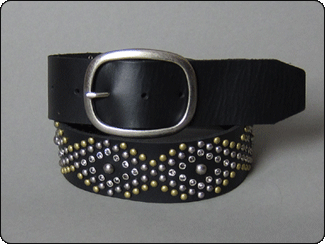 C-RED Black Leather Belt with Diamond Pattern of Multi Finish Studs and Smoke Colored Crystals