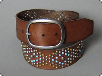 C-RED Brown Leather Belt with Diamond Pattern of Multi Finish Studs and Turquoise Crystals