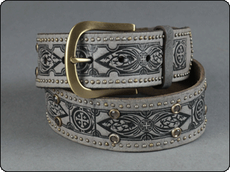 C-RED Grey Leather Belt with Goth Tattoo Emboss with Studs and Crystals Down the Body of the Belt