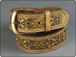 C-RED Yellow Ochre Leather Belt with Goth Tattoo Emboss with Studs and Crystals Down the Body of the Belt