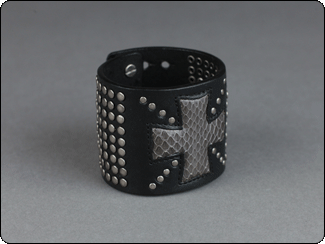 C-Red Brand Black Leather Cuff with Snake Cross