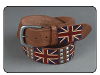 C-RED Brown Distressed Leather Union Jack Belt with pyramid studs