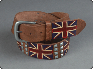 C-RED Brown Distressed Leather Union Jack Belt with pyramid studs