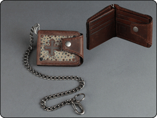 C-Red Brand Brown Leather Bifold Snap Wallet with Rubber Cross Inlay and Studs with Removeable Chain