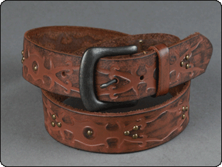 C-Red Brand Brown Vintage Tattoo Embossed Belt with Studs