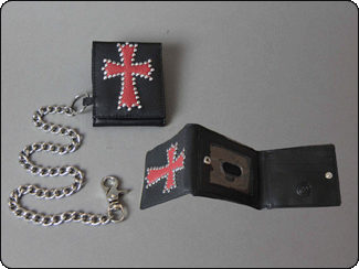 C-Red Brand Brown Z Fold Wallet with Black Leather Cross Inlay and Multi Stud Accents with Removeable Chain