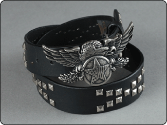 C-Red Brand Black Leather Belt with Eagle Plaque and Pyramid Studs