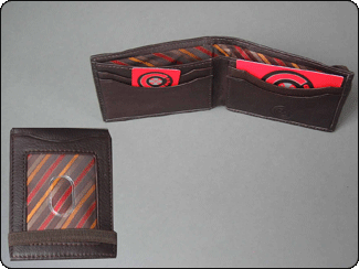 Brown Leather Front Pocket Wallet with Elastic-Brown Multi Striped Tie Fabric in Money Well