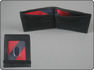 C-RED Black Leather Front Pocket Wallet with Elastic-Red & Navy Striped Tie Fabric in Money Well