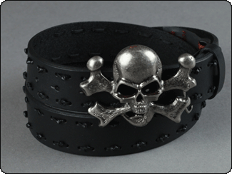 C-Red Brand Black Leather Belt with Skull Plaque Buckle