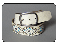 C-RED White Leather Belt with Diamond Pattern of Multi Finish Studs and Turquoise Crystals