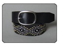 C-RED Black Leather Belt with Diamond Pattern of Multi Finish Studs and Smoke Colored Crystals
