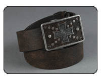 C-RED Brown Distressed Leather Belt with Inlaid Leather Cross Plaque with Crystals