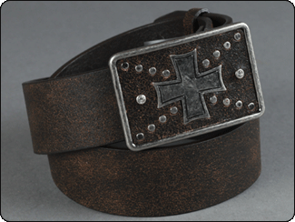 C-RED Brown Distressed Leather Belt with Inlaid Leather Cross Plaque with Crystals