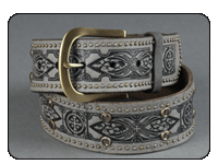 C-RED Grey Leather Belt with Goth Tattoo Emboss with Studs and Crystals Down the Body of the Belt