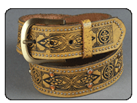 C-RED Yellow Ochre Leather Belt with Goth Tattoo Emboss with Studs and Crystals Down the Body of the Belt
